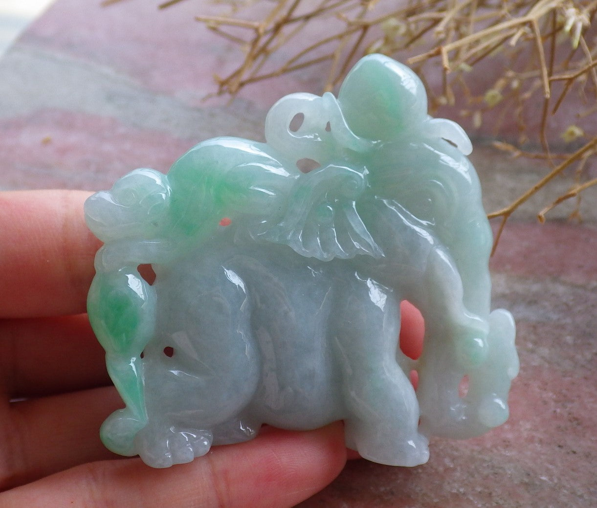 Certified Hand Carved Green Natural Myanmar Burma Hand Carved A Jade jadeite Elephant Monkey Display with Wood Stand