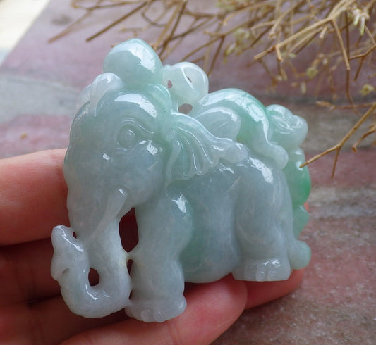 Certified Hand Carved Green Natural Myanmar Burma Hand Carved A Jade jadeite Elephant Monkey Display with Wood Stand