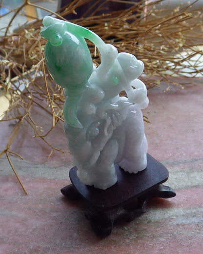 Certified Hand Carved Green Natural Myanmar Burma Hand Carved A Jade jadeite Elephant Monkey Display with Wood Stand