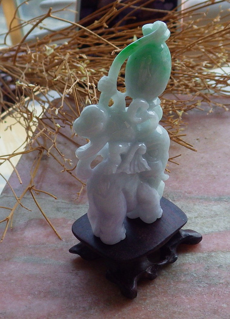 Certified Hand Carved Green Natural Myanmar Burma Hand Carved A Jade jadeite Elephant Monkey Display with Wood Stand