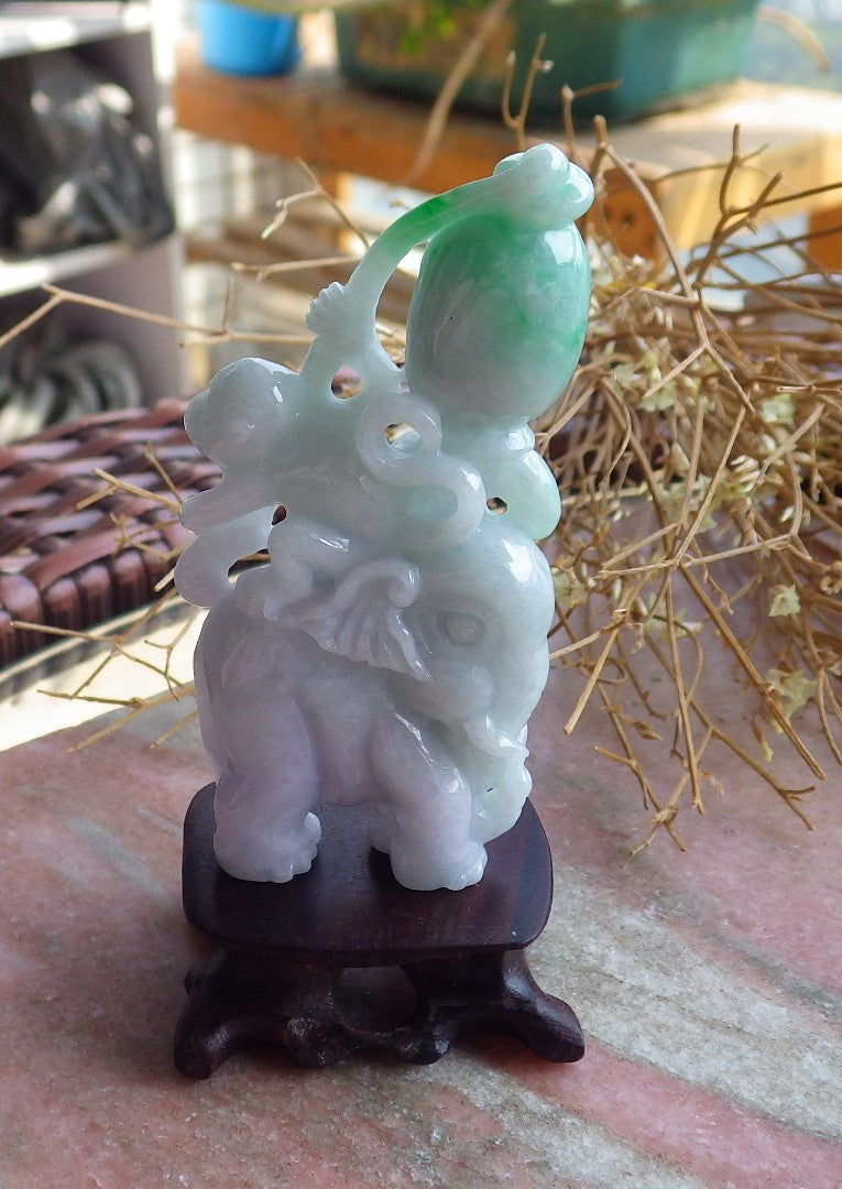 Certified Hand Carved Green Natural Myanmar Burma Hand Carved A Jade jadeite Elephant Monkey Display with Wood Stand