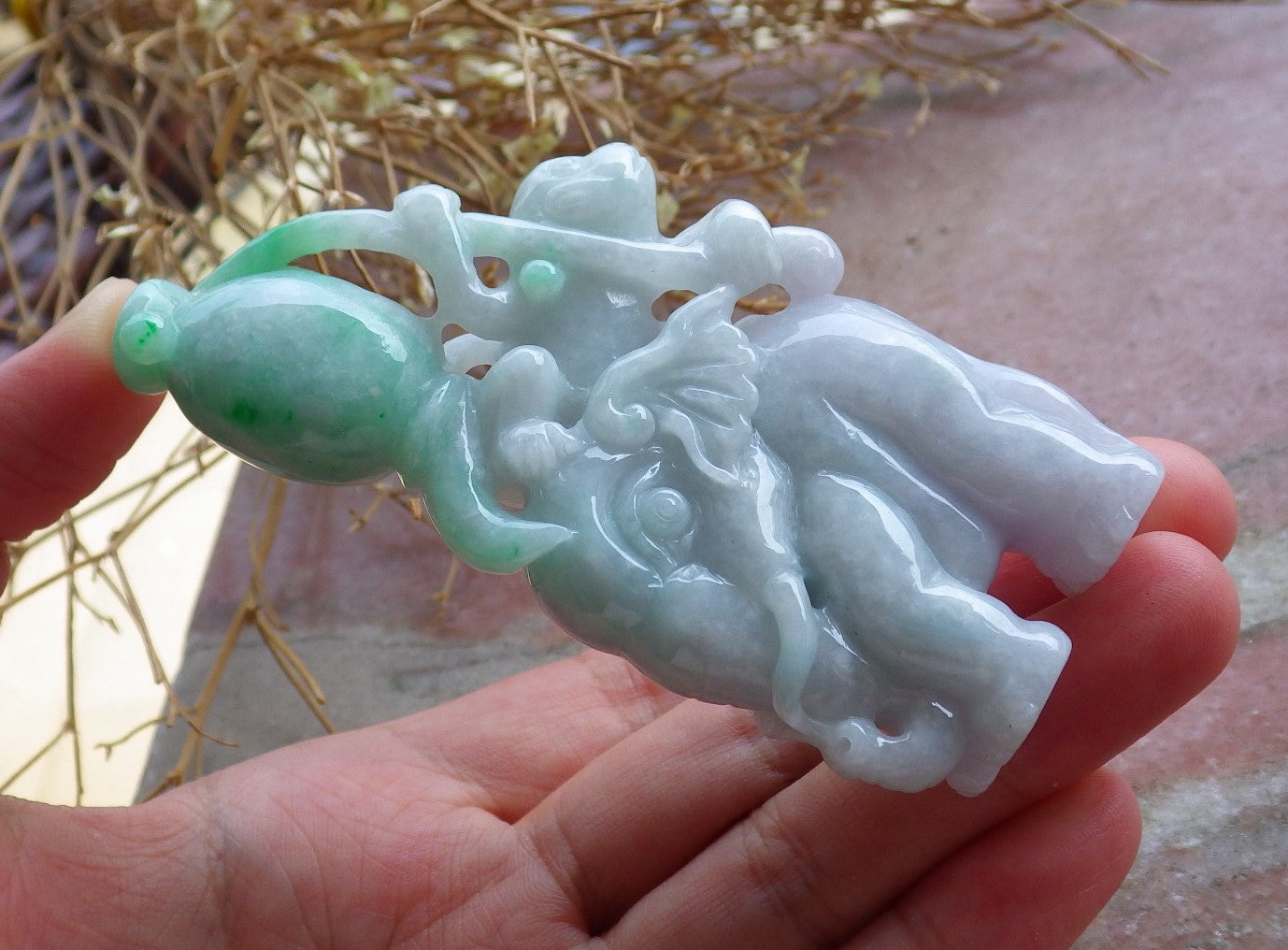 Certified Hand Carved Green Natural Myanmar Burma Hand Carved A Jade jadeite Elephant Monkey Display with Wood Stand