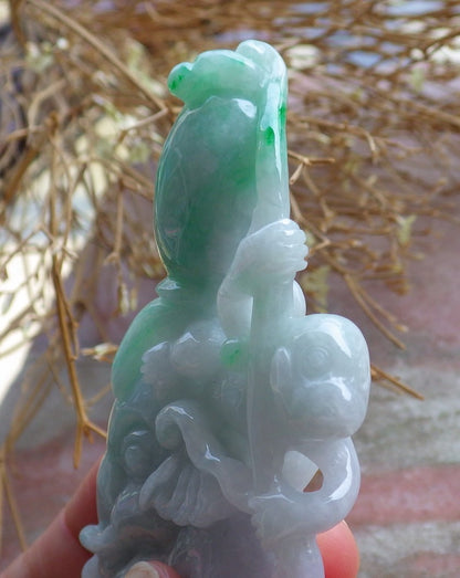 Certified Hand Carved Green Natural Myanmar Burma Hand Carved A Jade jadeite Elephant Monkey Display with Wood Stand