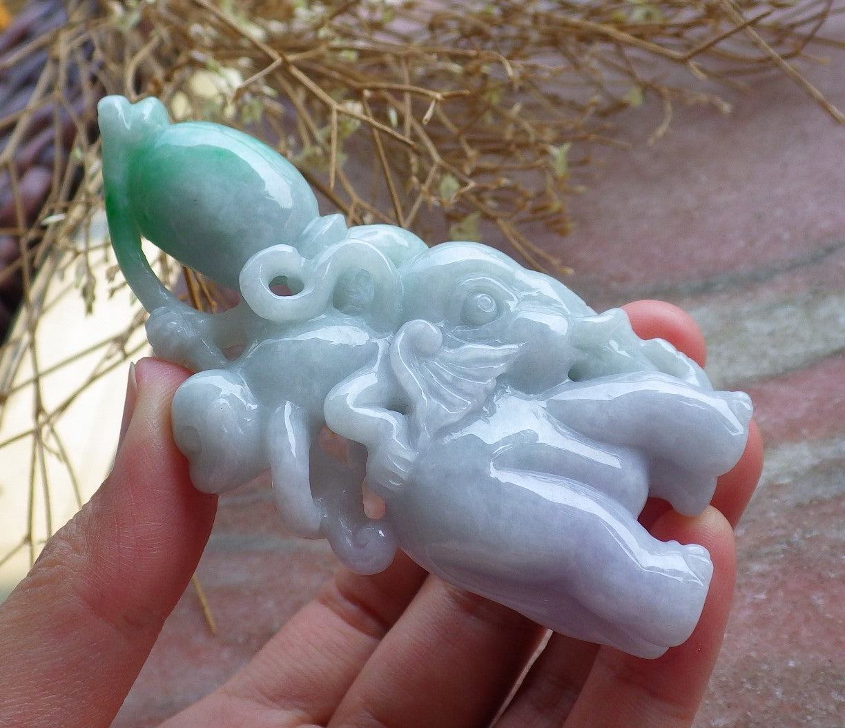 Certified Hand Carved Green Natural Myanmar Burma Hand Carved A Jade jadeite Elephant Monkey Display with Wood Stand