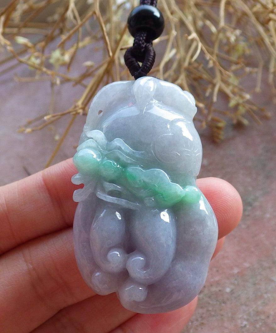 Certified Hand Carved Lavender Green Natural Myanmar Burma A Jade jadeite Spider Ruyi Ginseng Pendant Necklace