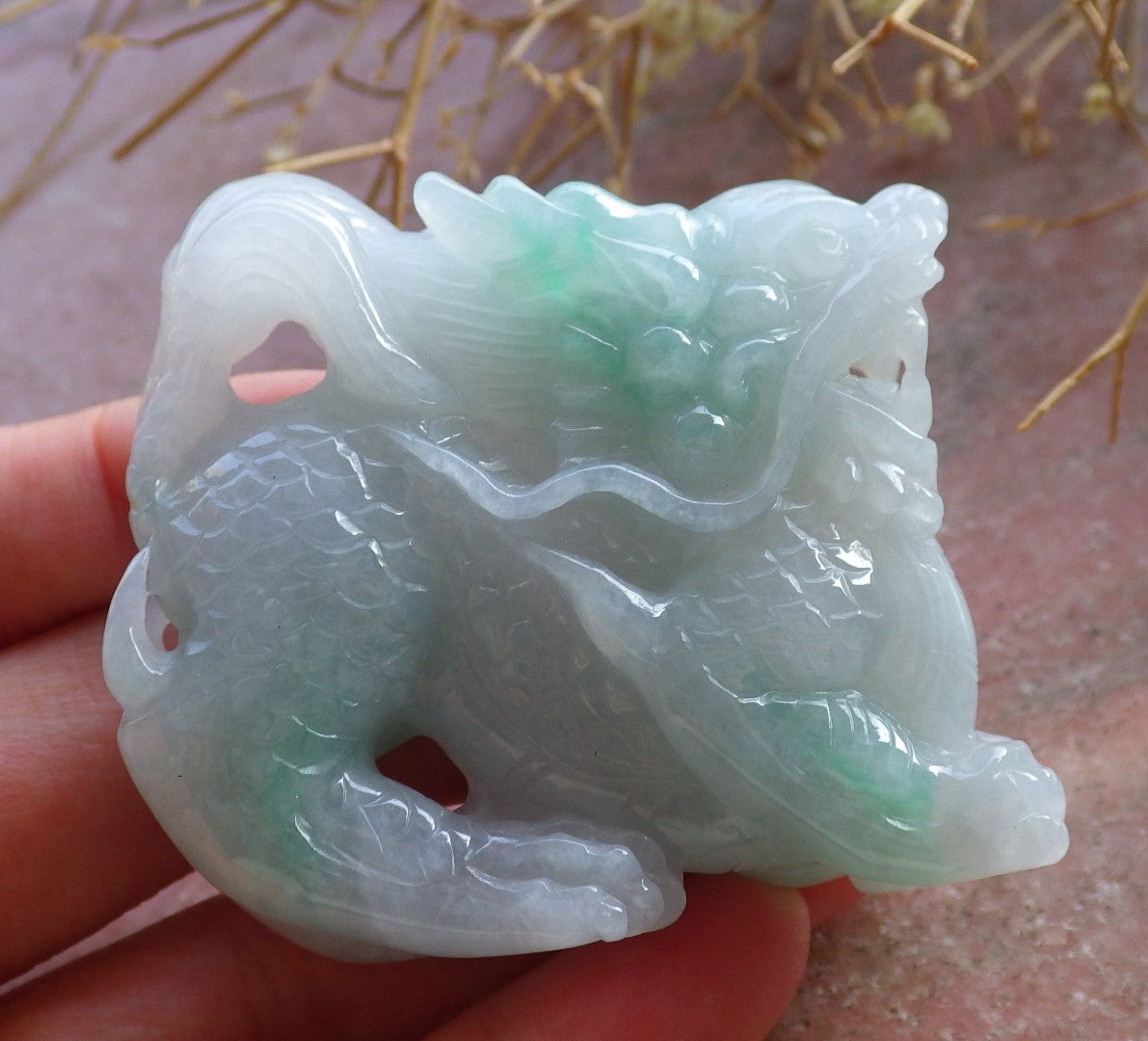 Certified Hand Carved Natural Green Myanmar Burma A Jade jadeite Dragon Display with Wood Stand