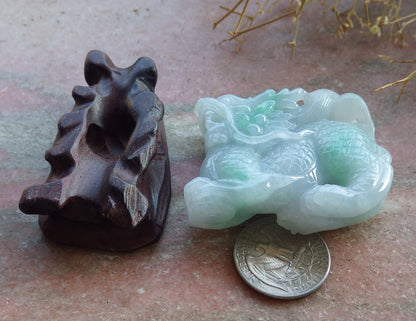 Certified Hand Carved Natural Green Myanmar Burma A Jade jadeite Dragon Display with Wood Stand