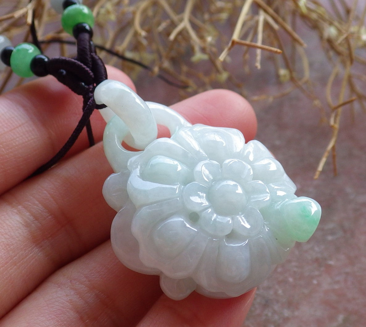 Certified Hand Carved Green Myanmar Burma Natural A Jade jadeite Rose Flower With Ring Pendant Necklace