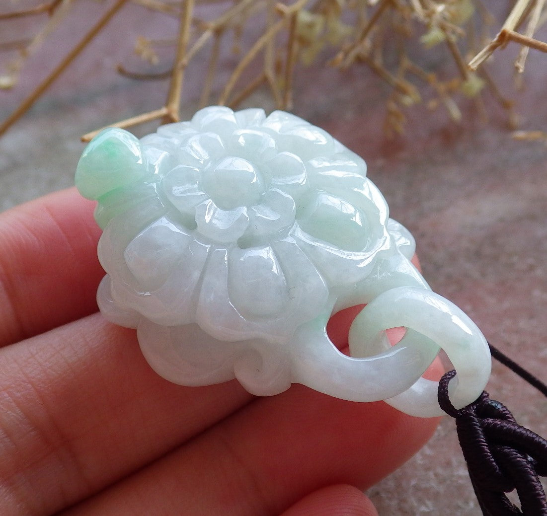 Certified Hand Carved Green Myanmar Burma Natural A Jade jadeite Rose Flower With Ring Pendant Necklace