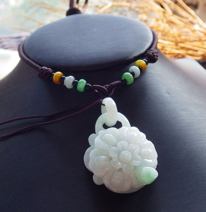 Certified Hand Carved Green Myanmar Burma Natural A Jade jadeite Rose Flower With Ring Pendant Necklace