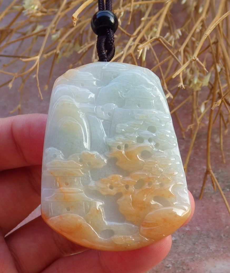 Certified Hand Carved Yellow Natural Myanmar Burma A Jade jadeite Landscape painting Tree Pendant Necklace