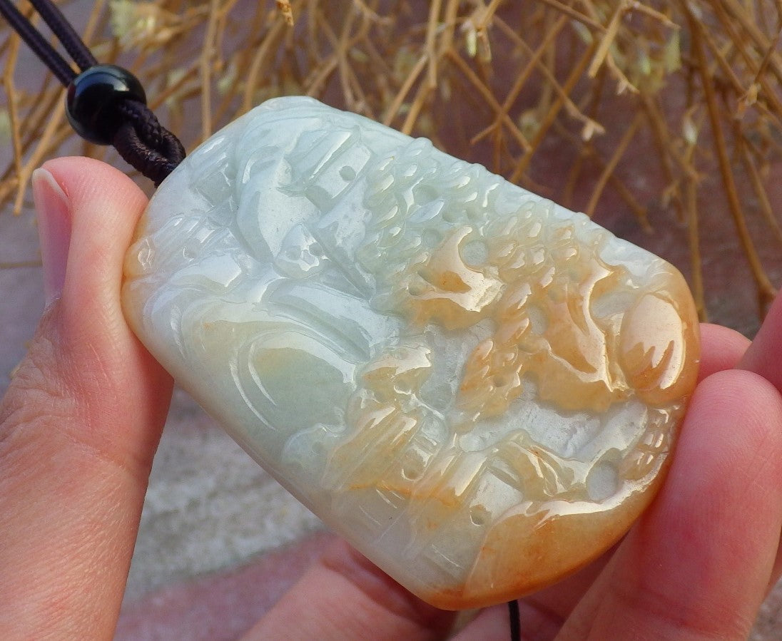 Certified Hand Carved Yellow Natural Myanmar Burma A Jade jadeite Landscape painting Tree Pendant Necklace