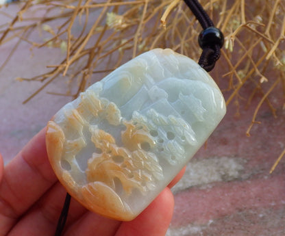 Certified Hand Carved Yellow Natural Myanmar Burma A Jade jadeite Landscape painting Tree Pendant Necklace