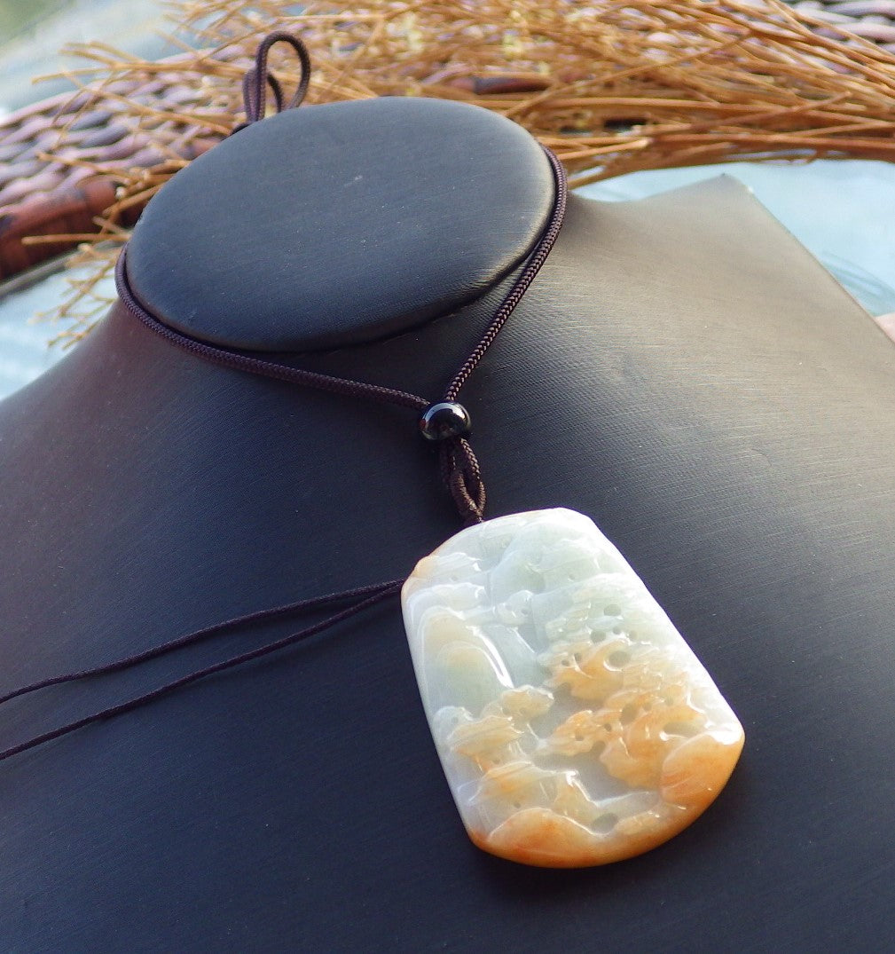 Certified Hand Carved Yellow Natural Myanmar Burma A Jade jadeite Landscape painting Tree Pendant Necklace