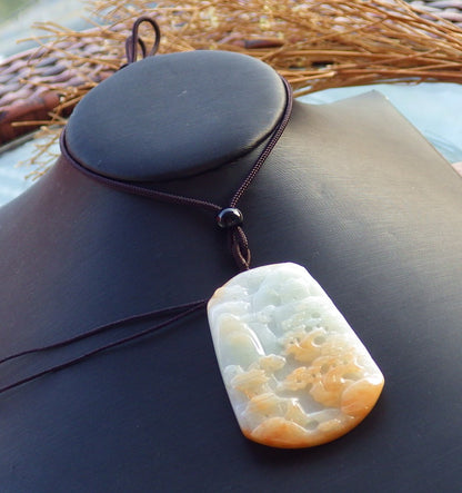 Certified Hand Carved Yellow Natural Myanmar Burma A Jade jadeite Landscape painting Tree Pendant Necklace