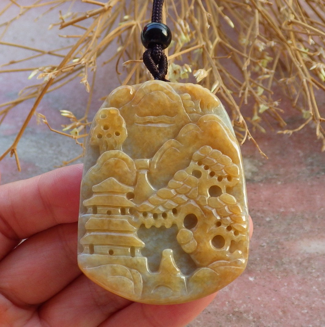 Certified Hand Carved Yellow Natural Myanmar Burma A Jade jadeite Landscape painting Tree Pendant Necklace