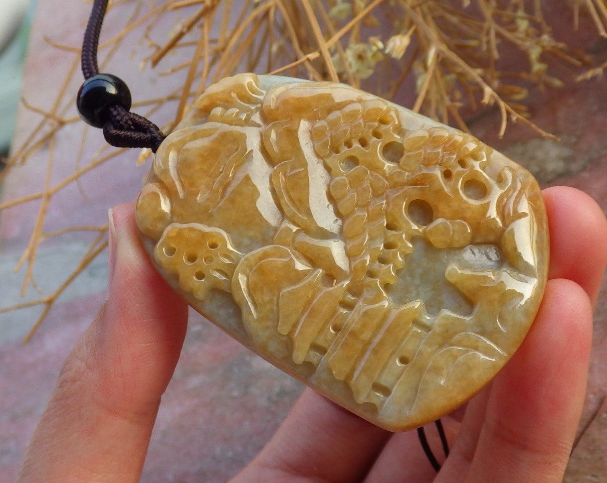 Certified Hand Carved Yellow Natural Myanmar Burma A Jade jadeite Landscape painting Tree Pendant Necklace