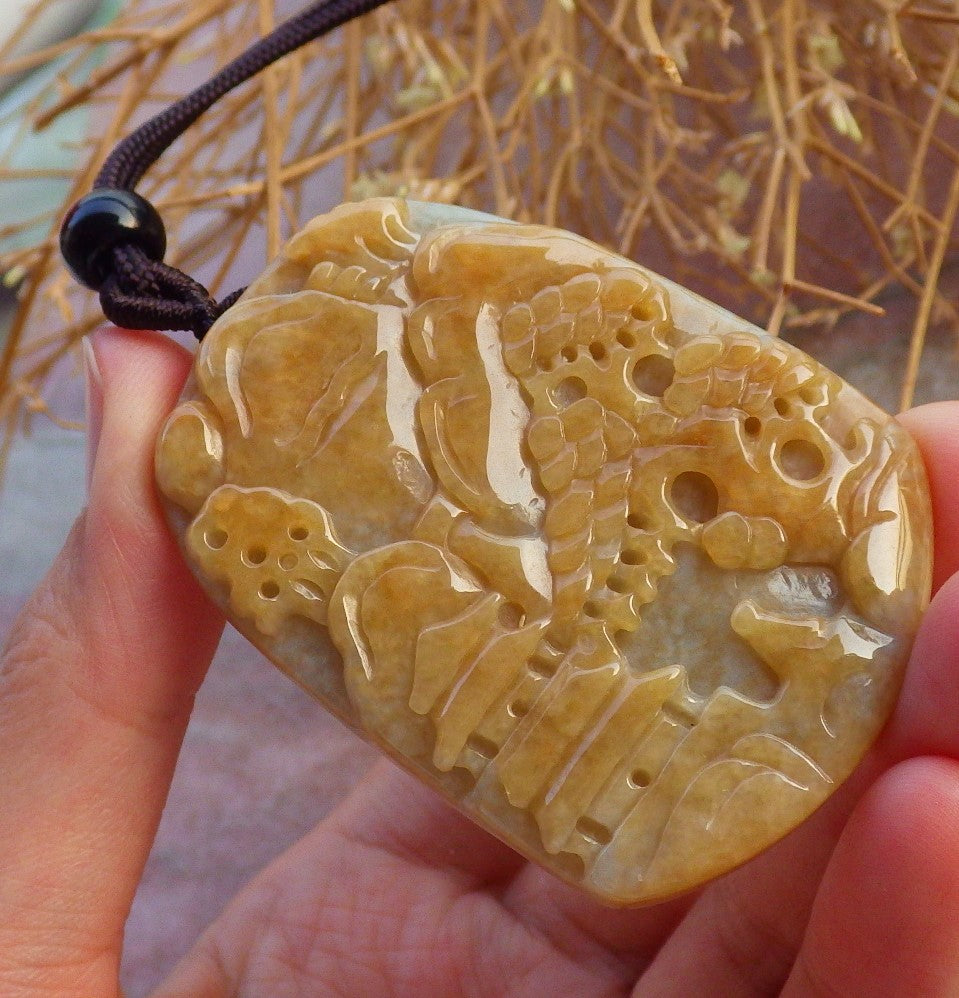 Certified Hand Carved Yellow Natural Myanmar Burma A Jade jadeite Landscape painting Tree Pendant Necklace