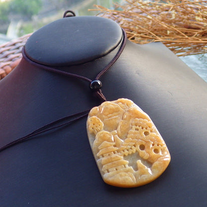 Certified Hand Carved Yellow Natural Myanmar Burma A Jade jadeite Landscape painting Tree Pendant Necklace