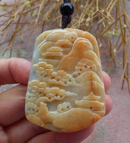 Certified Hand Carved Yellow Natural Burma A Jade jadeite Landscape painting Tree Pendant Necklace