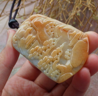 Certified Hand Carved Yellow Natural Burma A Jade jadeite Landscape painting Tree Pendant Necklace