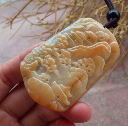 Certified Hand Carved Yellow Natural Burma A Jade jadeite Landscape painting Tree Pendant Necklace