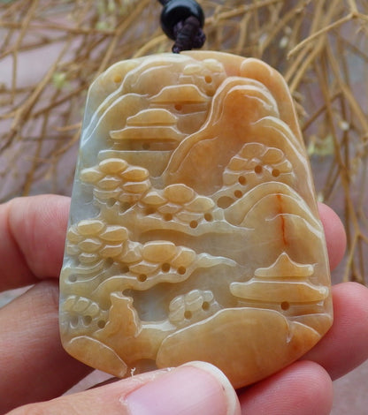 Certified Hand Carved Yellow Natural Burma A Jade jadeite Landscape painting Tree Pendant Necklace