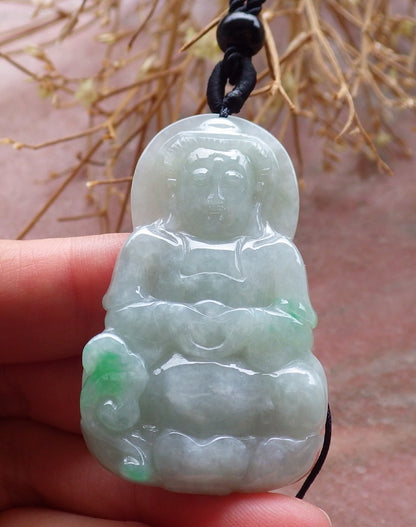 Certified Hand Carved Green Natural Myanmar Burma A Jade jadeite Guanyin Kwan Yin Pendant Necklace