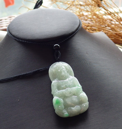 Certified Hand Carved Green Natural Myanmar Burma A Jade jadeite Guanyin Kwan Yin Pendant Necklace