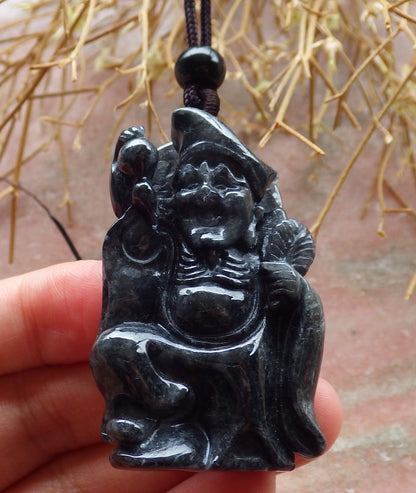 Certified Hand Carved Black Natural Myanmar Burma Grade A Jade jadeite Ji Kung Buddha God Pendant Necklace