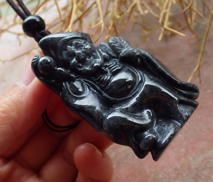 Certified Hand Carved Black Natural Myanmar Burma Grade A Jade jadeite Ji Kung Buddha God Pendant Necklace