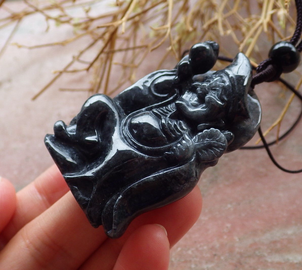 Certified Hand Carved Black Natural Myanmar Burma Grade A Jade jadeite Ji Kung Buddha God Pendant Necklace