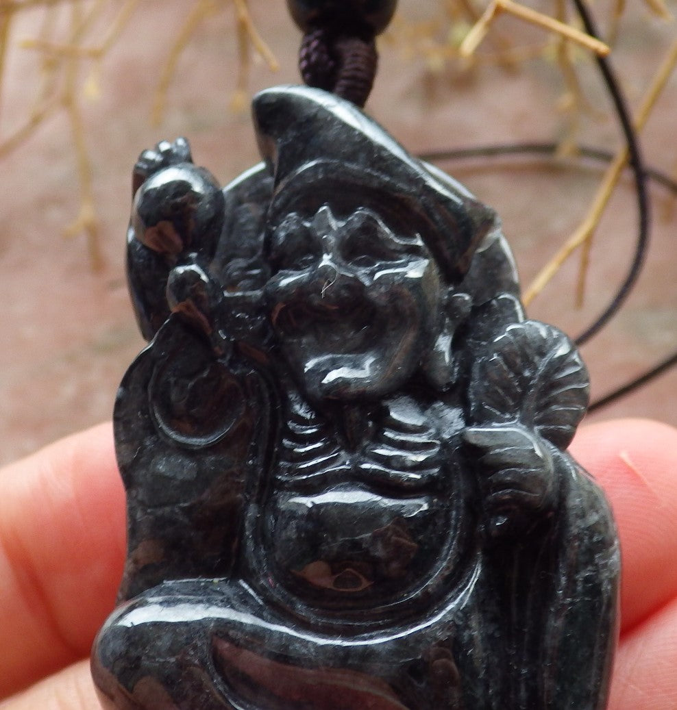 Certified Hand Carved Black Natural Myanmar Burma Grade A Jade jadeite Ji Kung Buddha God Pendant Necklace