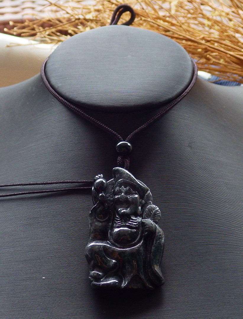 Certified Hand Carved Black Natural Myanmar Burma Grade A Jade jadeite Ji Kung Buddha God Pendant Necklace