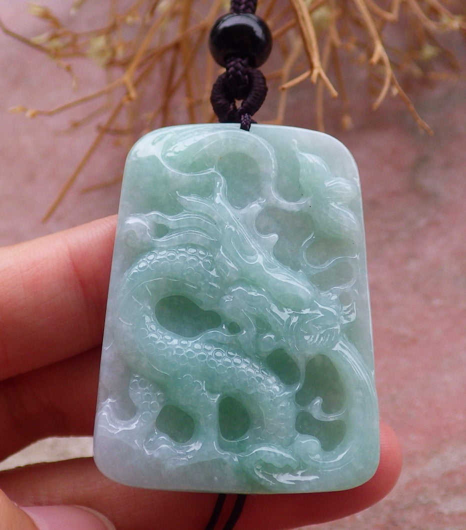 Certified Hand Carved Green Natural Burma A Jade jadeite Dragon Bead Beads Pendant Necklace