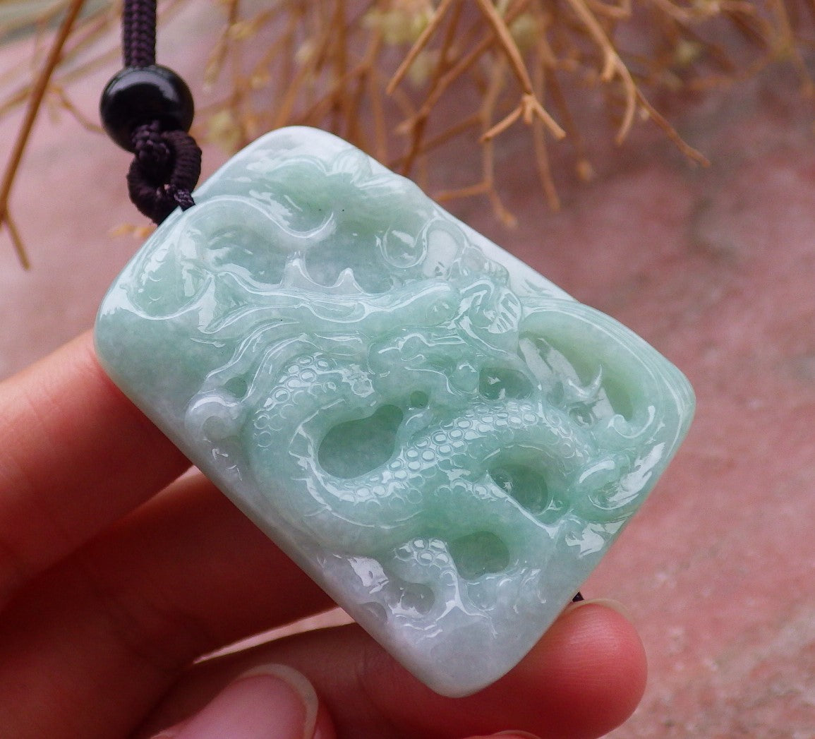 Certified Hand Carved Green Natural Burma A Jade jadeite Dragon Bead Beads Pendant Necklace