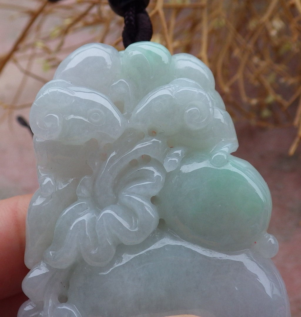 Certified Hand Carved Green Natural Myanmar Burma Grade A Jade jadeite Zodiac Sheep Peach Goat Pendant Necklace