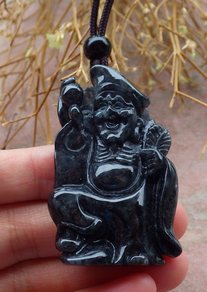 Certified Hand Carved Black Natural Myanmar Burma Grade A Jade jadeite Ji Kung Buddha God Pendant Necklace