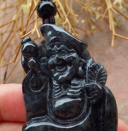 Certified Hand Carved Black Natural Myanmar Burma Grade A Jade jadeite Ji Kung Buddha God Pendant Necklace