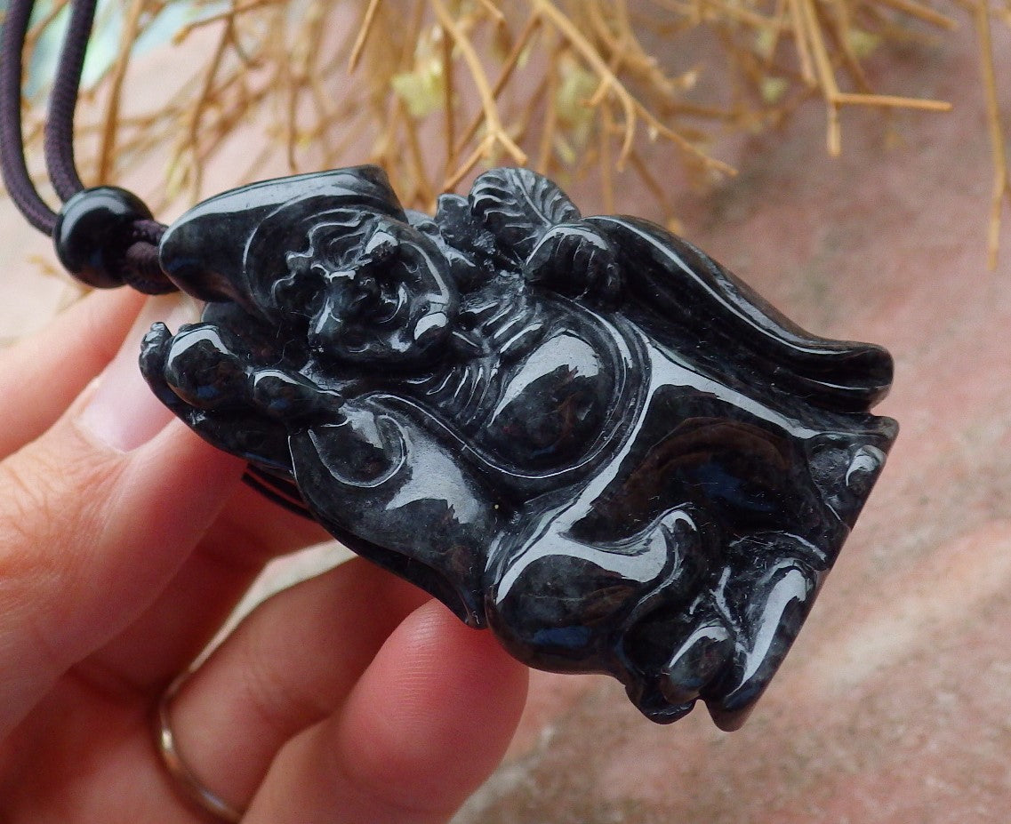 Certified Hand Carved Black Natural Myanmar Burma Grade A Jade jadeite Ji Kung Buddha God Pendant Necklace