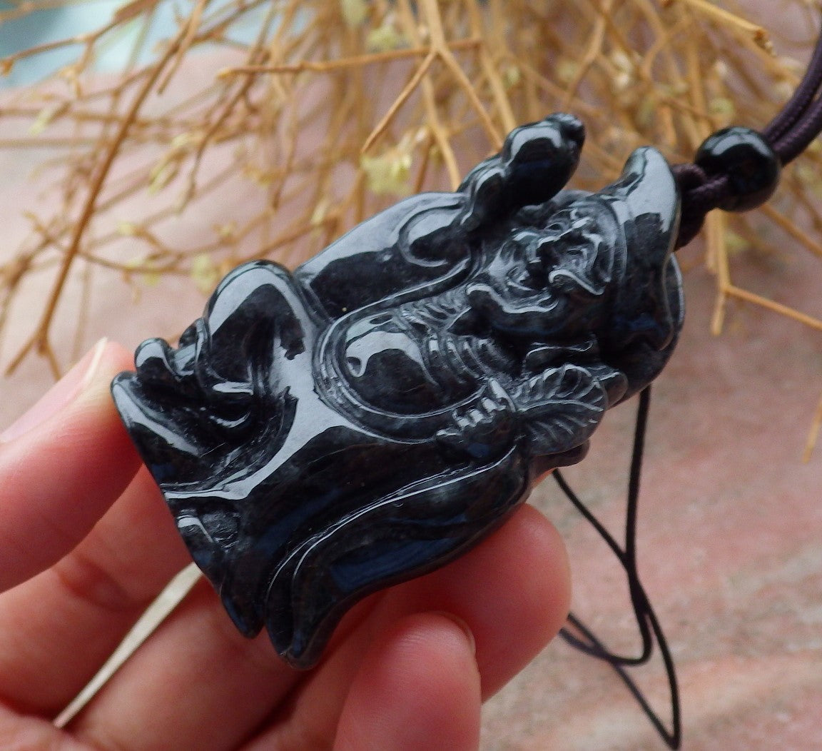 Certified Hand Carved Black Natural Myanmar Burma Grade A Jade jadeite Ji Kung Buddha God Pendant Necklace