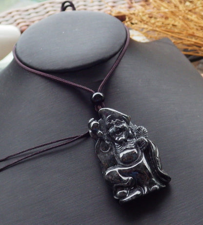 Certified Hand Carved Black Natural Myanmar Burma Grade A Jade jadeite Ji Kung Buddha God Pendant Necklace