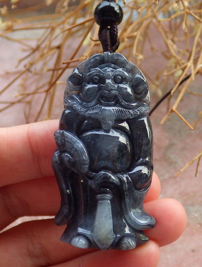 Certified Hand Carved Black Natural Myanmar Burma A Jade jadeite Zhong Kui God Bat Fan Lucky Amulet Pendant Necklace