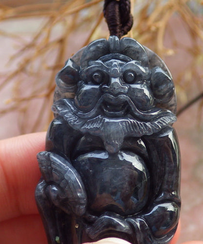 Certified Hand Carved Black Natural Myanmar Burma A Jade jadeite Zhong Kui God Bat Fan Lucky Amulet Pendant Necklace