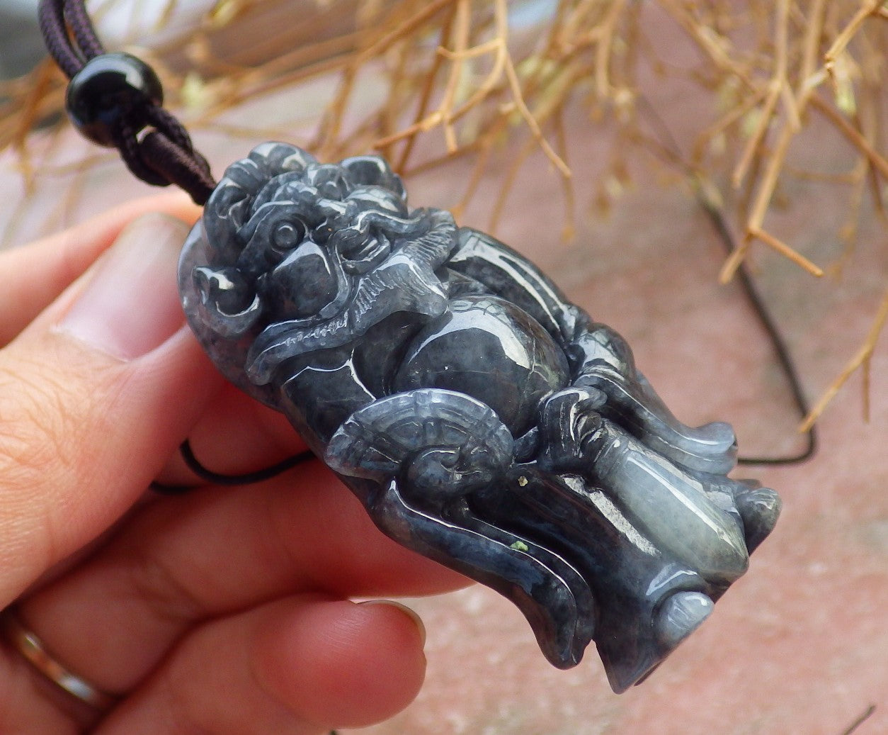 Certified Hand Carved Black Natural Myanmar Burma A Jade jadeite Zhong Kui God Bat Fan Lucky Amulet Pendant Necklace