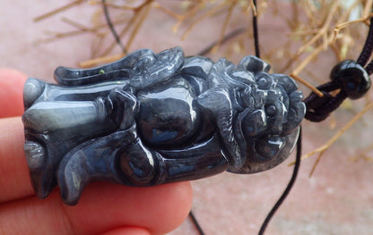 Certified Hand Carved Black Natural Myanmar Burma A Jade jadeite Zhong Kui God Bat Fan Lucky Amulet Pendant Necklace