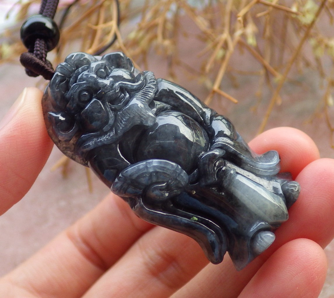 Certified Hand Carved Black Natural Myanmar Burma A Jade jadeite Zhong Kui God Bat Fan Lucky Amulet Pendant Necklace