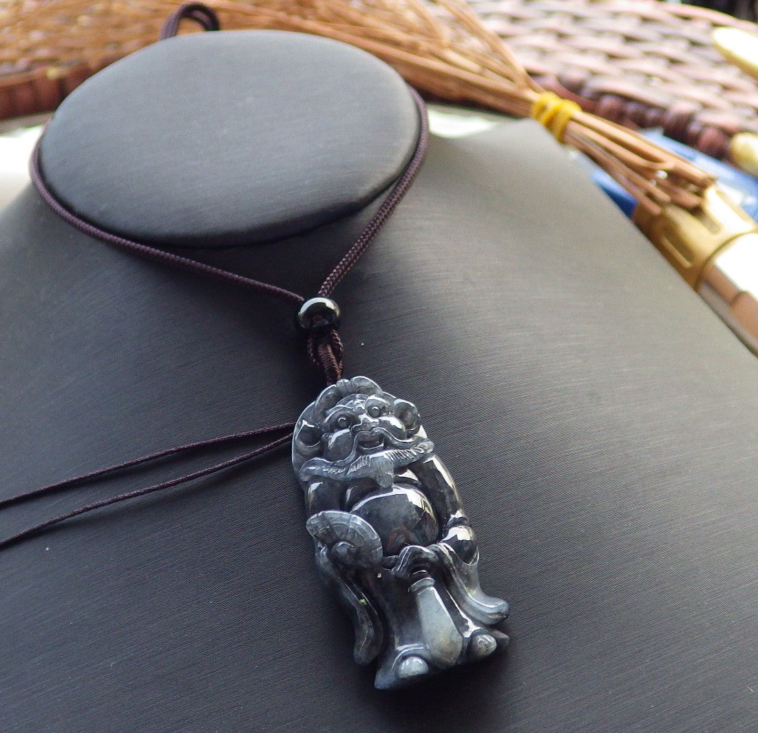 Certified Hand Carved Black Natural Myanmar Burma A Jade jadeite Zhong Kui God Bat Fan Lucky Amulet Pendant Necklace