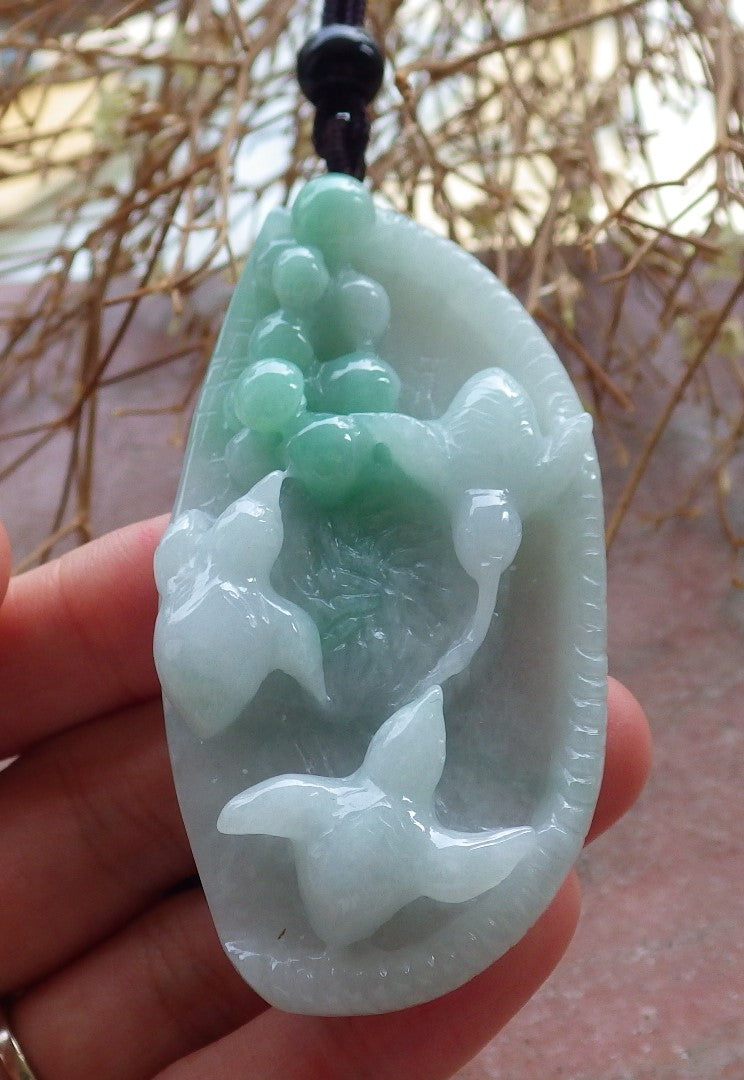 Certified Hand Carved Green Natural Burma A Jade jadeite 3 Rooster Phoenix Pendant Necklace