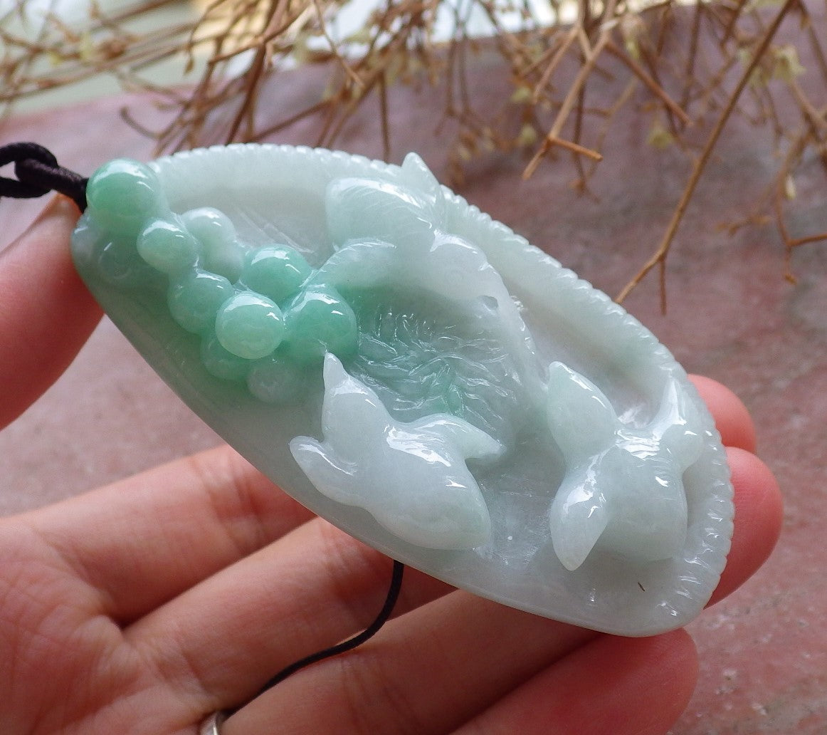 Certified Hand Carved Green Natural Burma A Jade jadeite 3 Rooster Phoenix Pendant Necklace